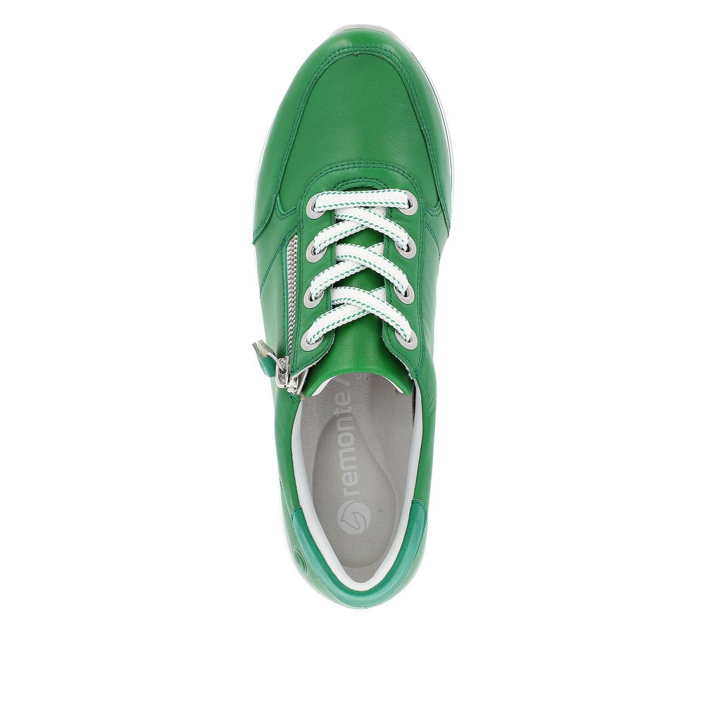 Emerald green remonte women´s sneakers D1302-52 with zipper and comfort width G. Shoe from the top.