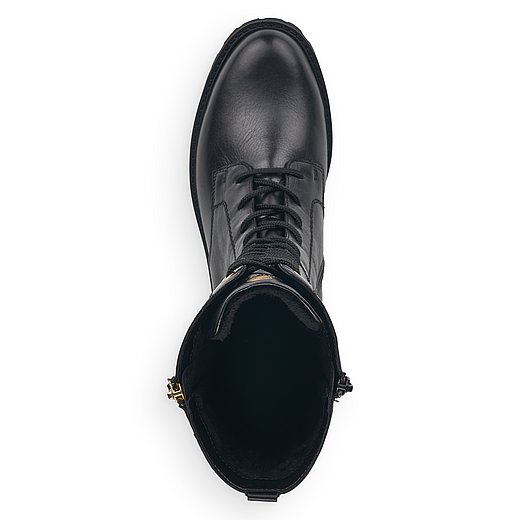 Schwarze Stiefel leicht wärmend aus Glattleder mit Reißverschluss und Schnürung und Wechselfußbett. Schuh von oben. 