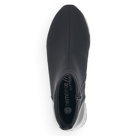 Schwarze Stiefeletten aus Kunstleder mit Reißverschluss, wasserabweisendem Remonte TEX und Wechselfußbett. Schuh von oben. 