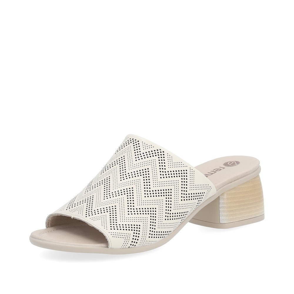 Beige remonte women´s mules R8775-60 with zigzag pattern. Shoe laterally.