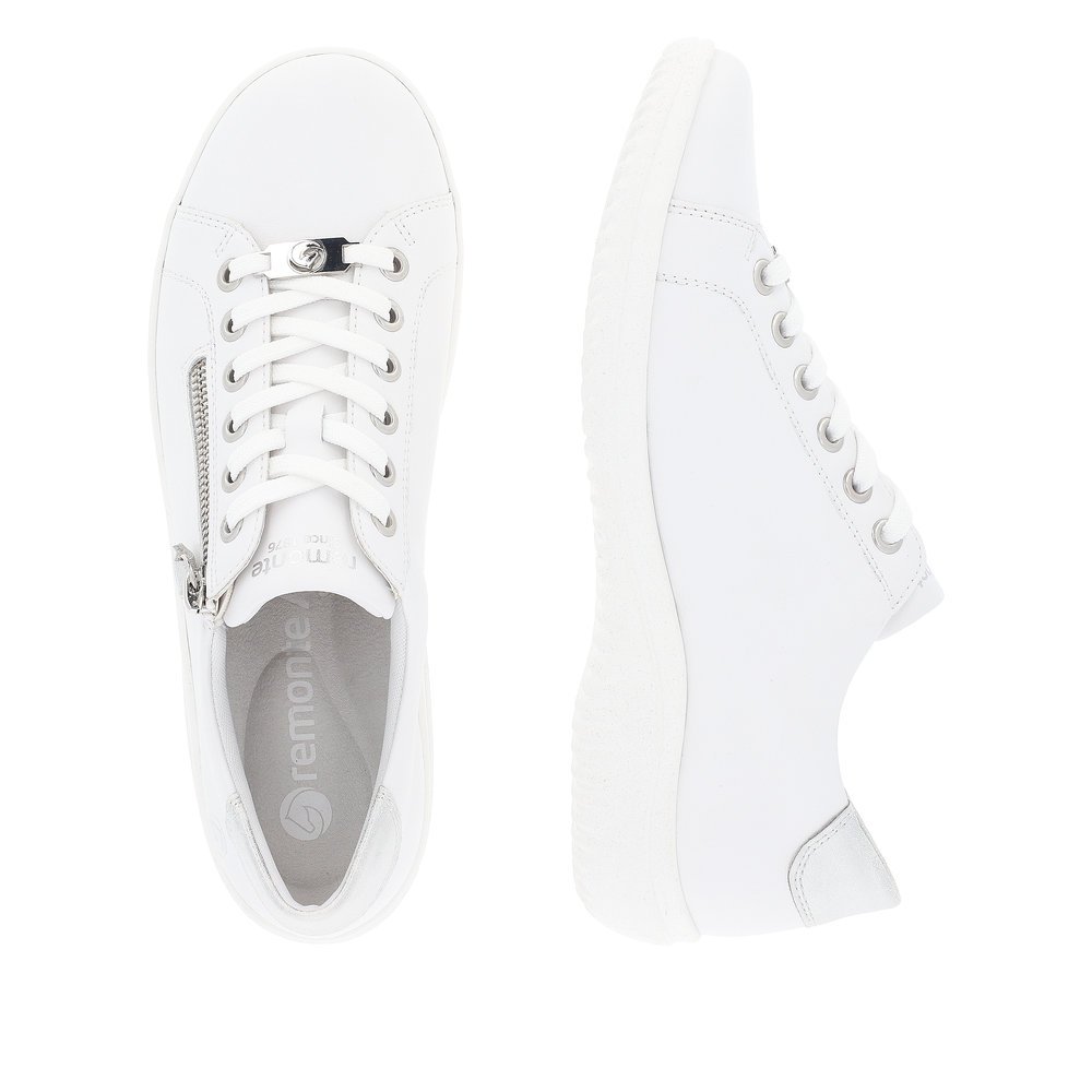 Weiße remonte Damen Schnürschuhe D1E03-80 mit einem Reißverschluss. Schuh von oben, liegend.