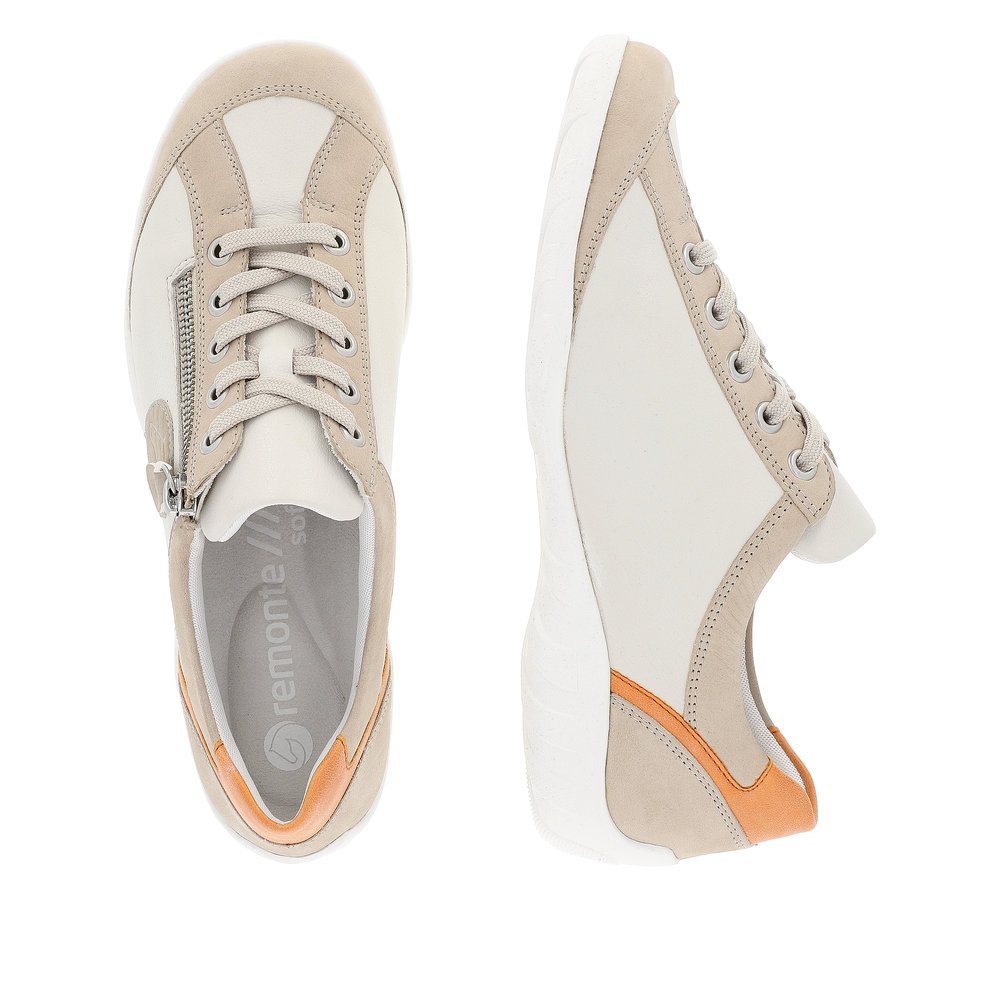 Beige remonte women´s lace-up shoes R3408-80 with zipper and comfort width G. Shoe from the top, lying.