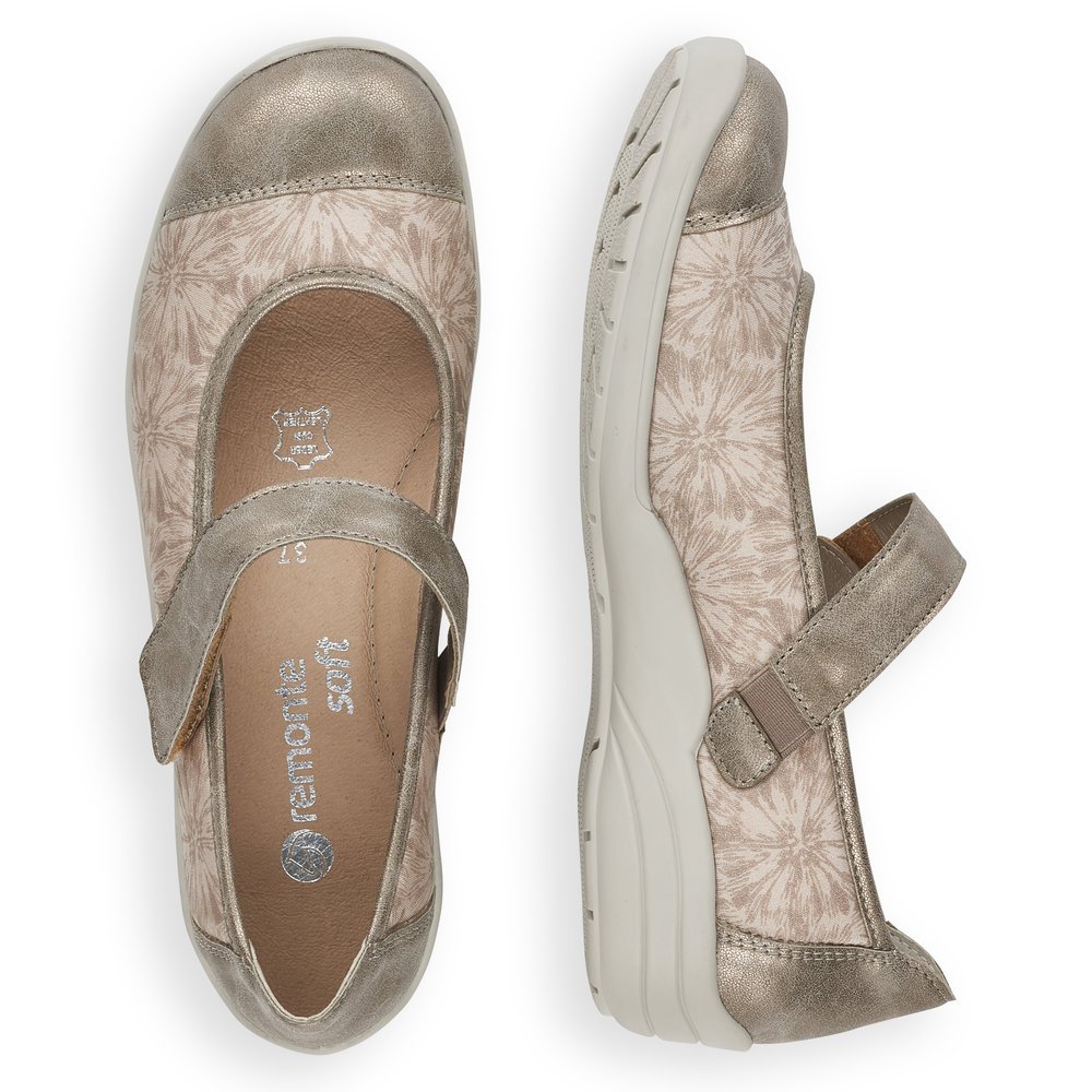 Grey remonte women´s ballerinas R7627-93 with a hook and loop fastener. Shoe from the top, lying.