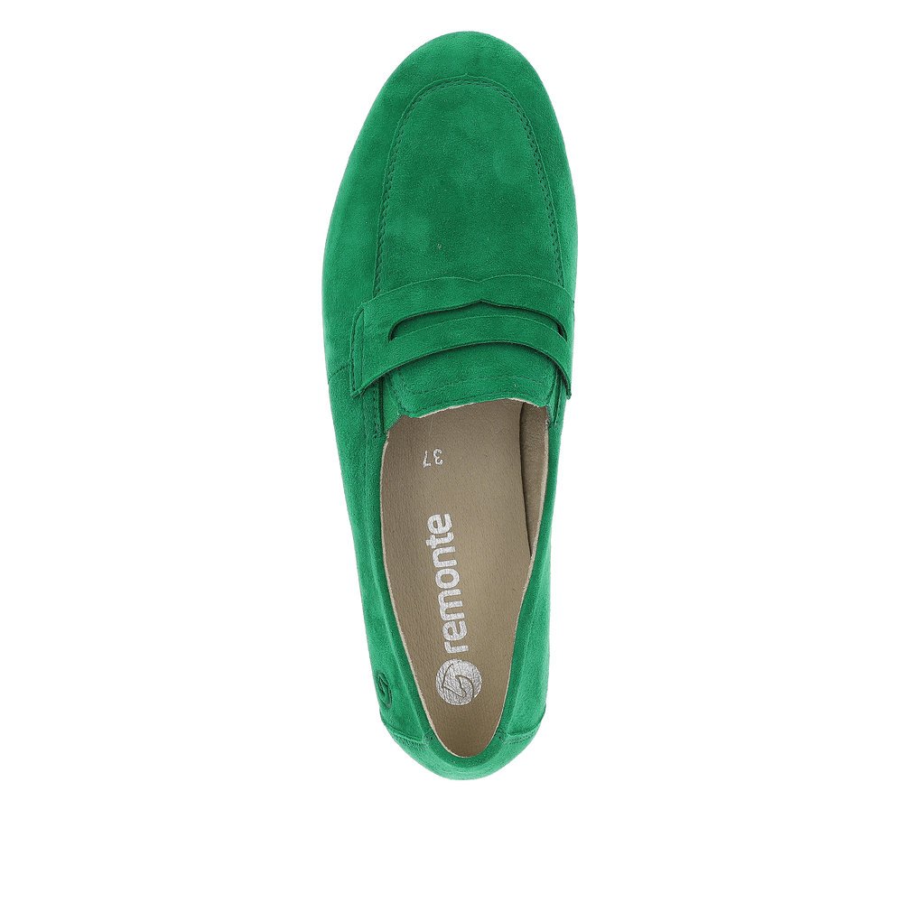 Smaragdgrüne remonte Damen Loafer D0K02-52 mit einem Elastikeinsatz. Schuh von oben.