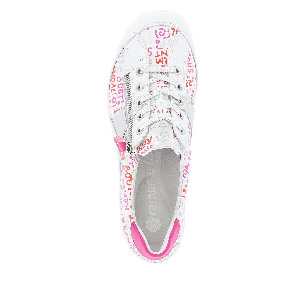 White remonte women´s lace-up shoes R3403-81 with zipper and multicolored pattern. Shoe from the top.