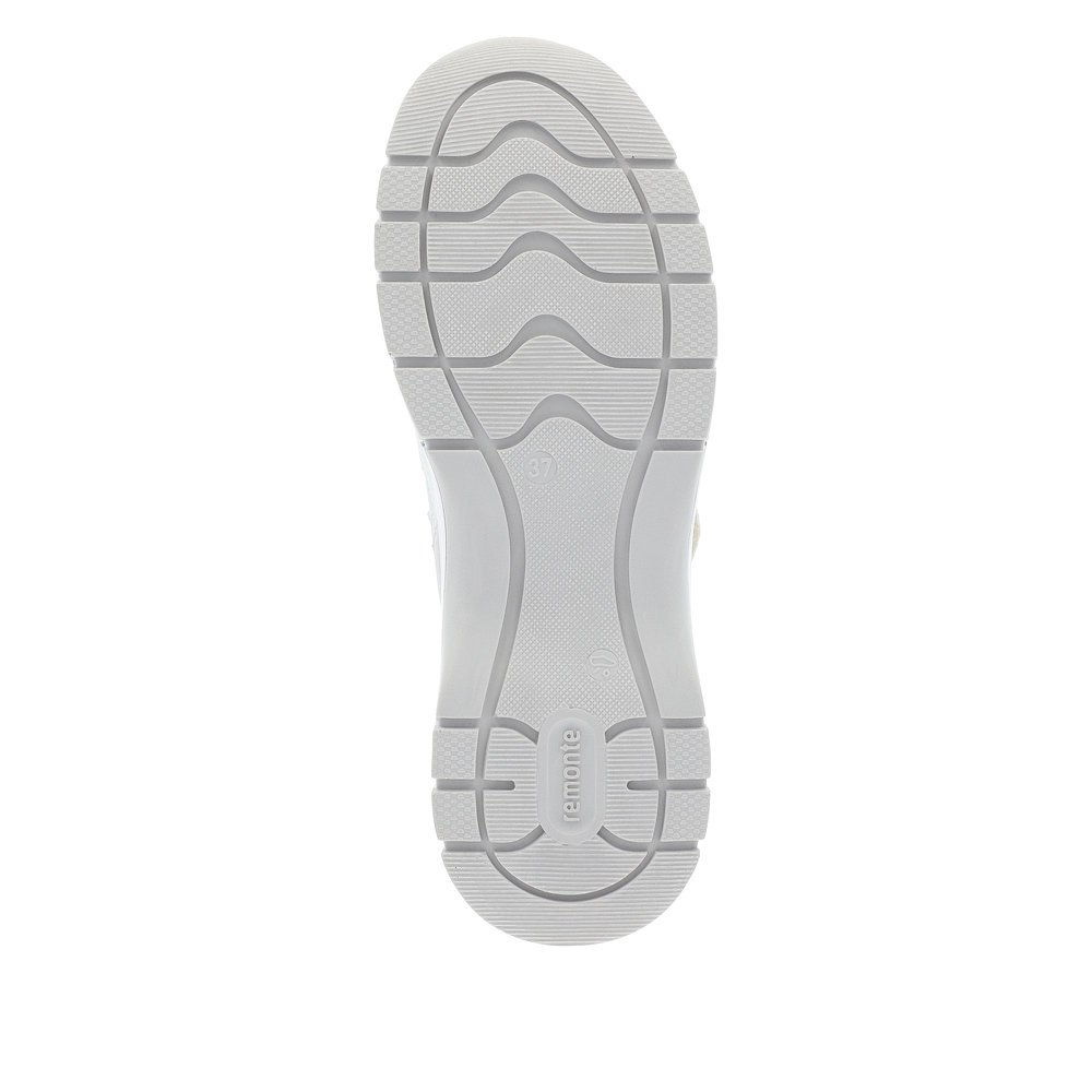 Pure white remonte women´s slippers D0G08-80 with a hook and loop fastener. Outsole of the shoe.