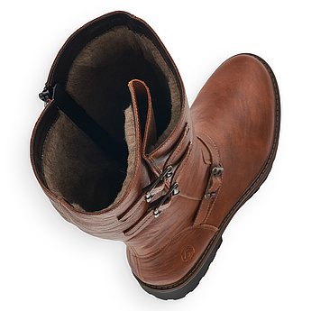 Braune Stiefel warm gefüttert aus Lederimitat mit Reißverschluss und Wechselfußbett. Schuhe Innenseite.