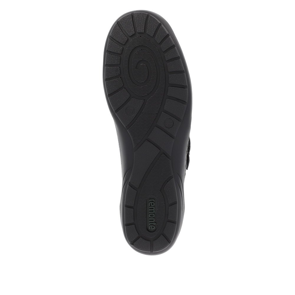Black remonte women´s slippers R7600-05 with a hook and loop fastener. Outsole of the shoe.