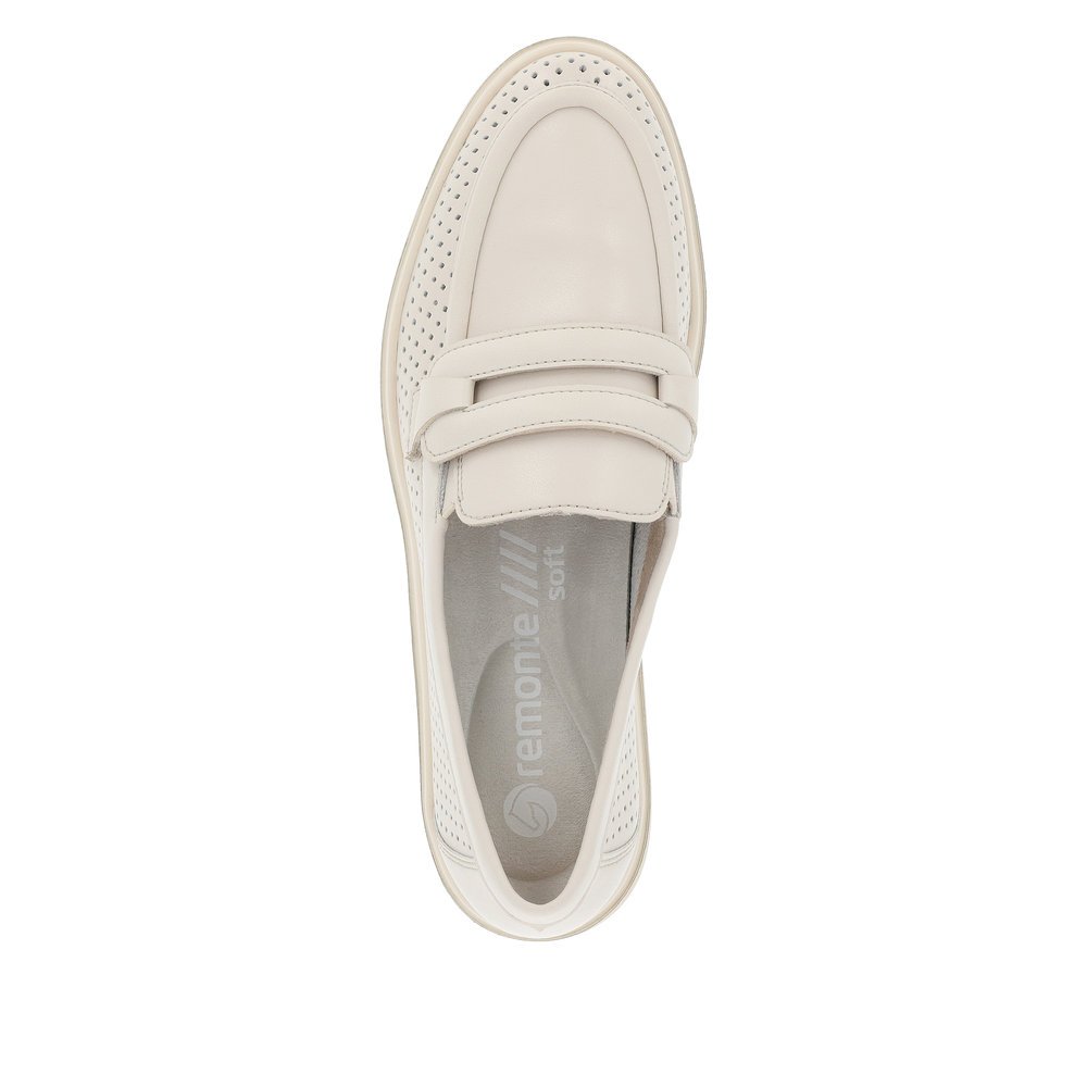 Beige remonte women´s loafers D1H03-60 with elastic insert and perforated look. Shoe from the top.