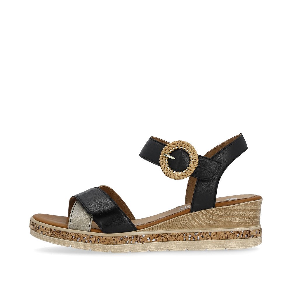 Black remonte women´s wedge sandals D3067-02 with a hook and loop fastener. Outside of the shoe.