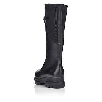 Schwarze Stiefel warm gefüttert aus Glattleder mit Reißverschluss und Schnürung, Stretch-Einsatz im Wadenbereich und Wechselfußbett. Schuh von hinten.