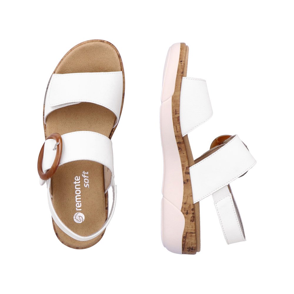 Classy white remonte women´s strap sandals R6853-80 with hook and loop fastener. Shoe from the top, lying.