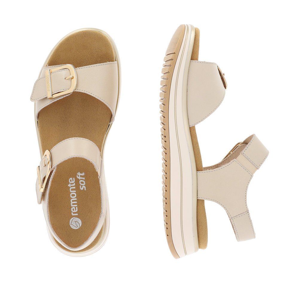 Light beige remonte women´s strap sandals D1J51-80 with hook and loop fastener. Shoe from the top, lying.