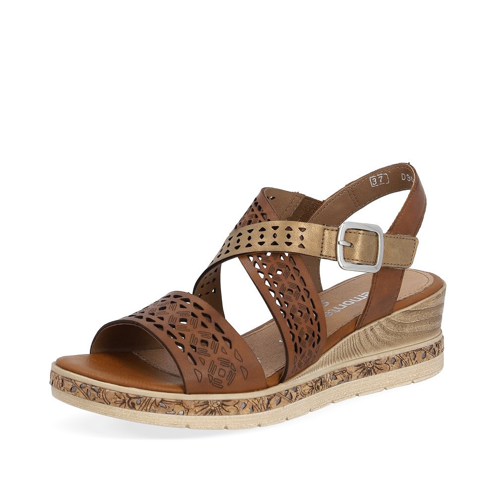 Maroon remonte women´s wedge sandals D3069-24 with a hook and loop fastener. Shoe laterally.