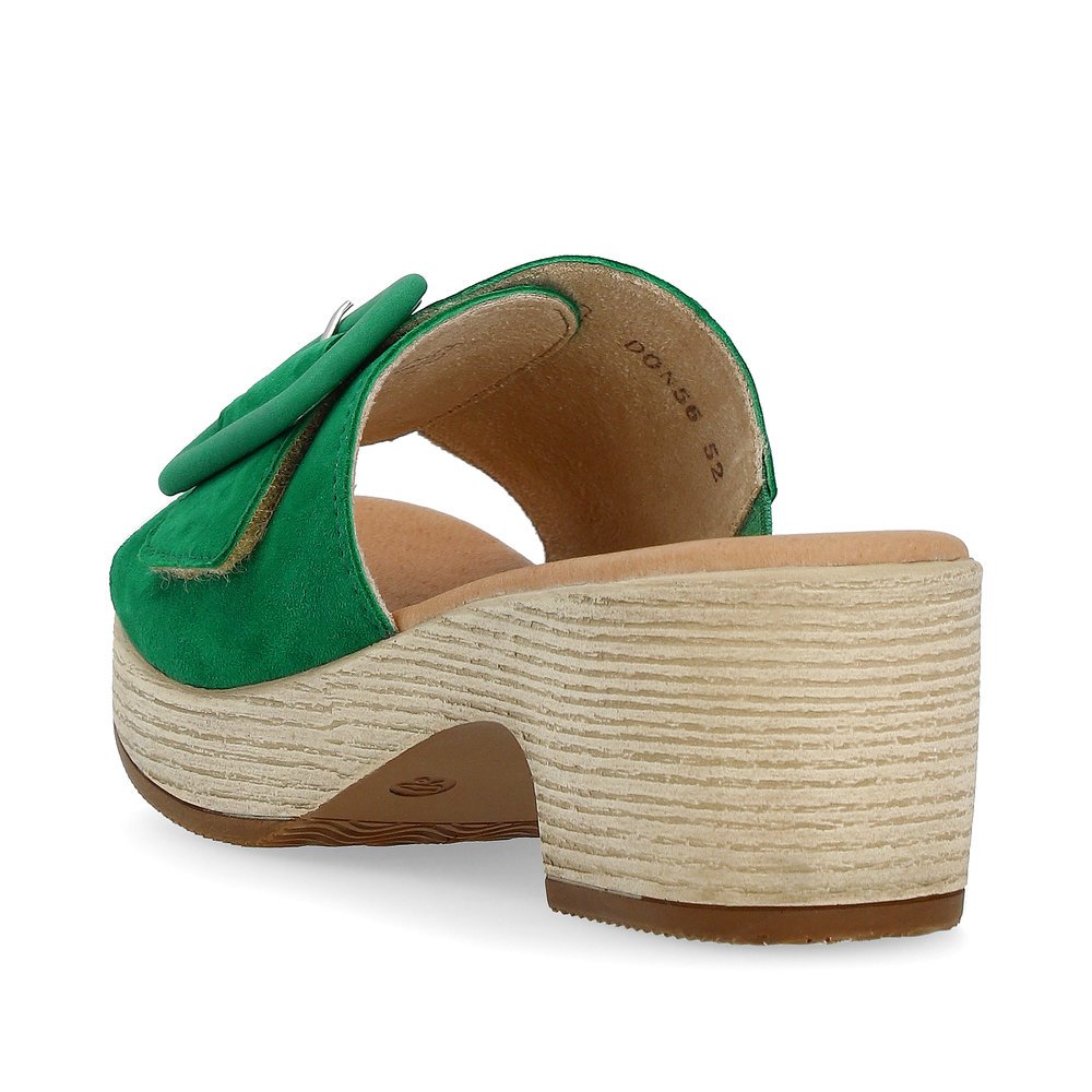Emerald green remonte women´s mules D0N56-52 with hook and loop fastener. Shoe from the back.