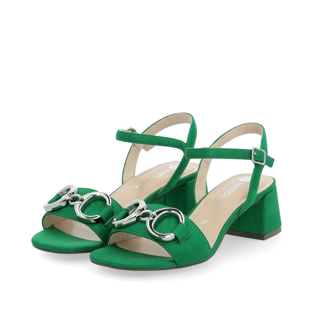 Green vegan remonte women´s strap sandals D1L50-52 with buckle and silver accessory. Shoes laterally.