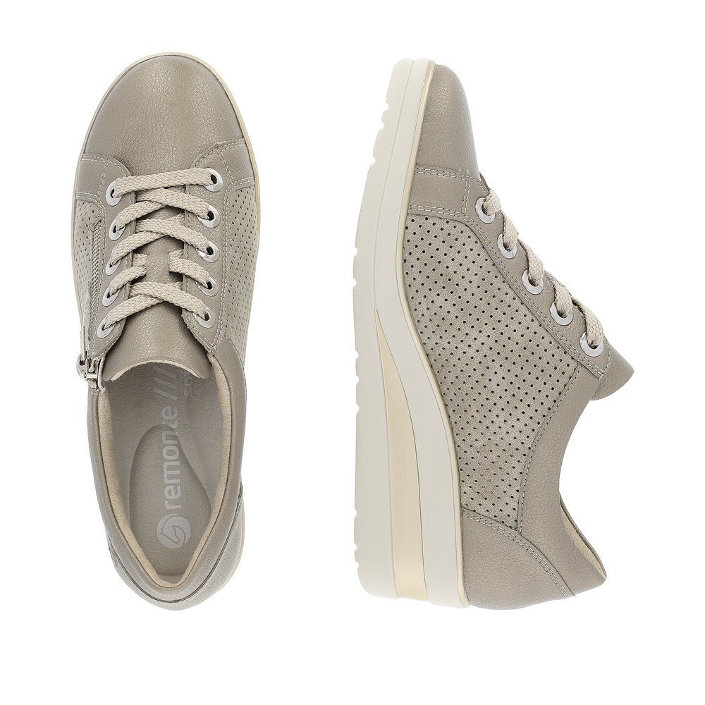 Grey beige remonte women´s sneakers R7219-90 with a zipper and perforated look. Shoe from the top, lying.