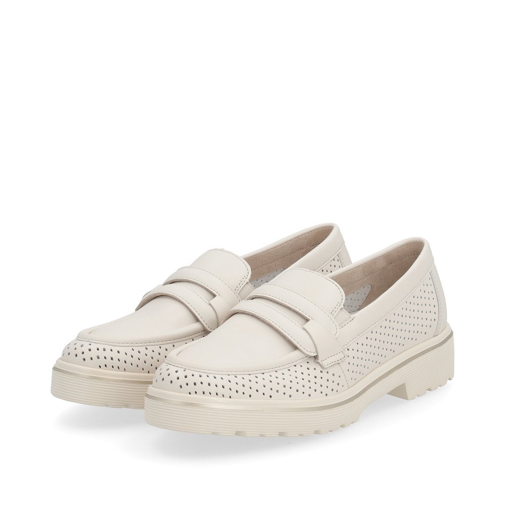 Beige remonte women´s loafers D1H03-60 with elastic insert and perforated look. Shoes laterally.