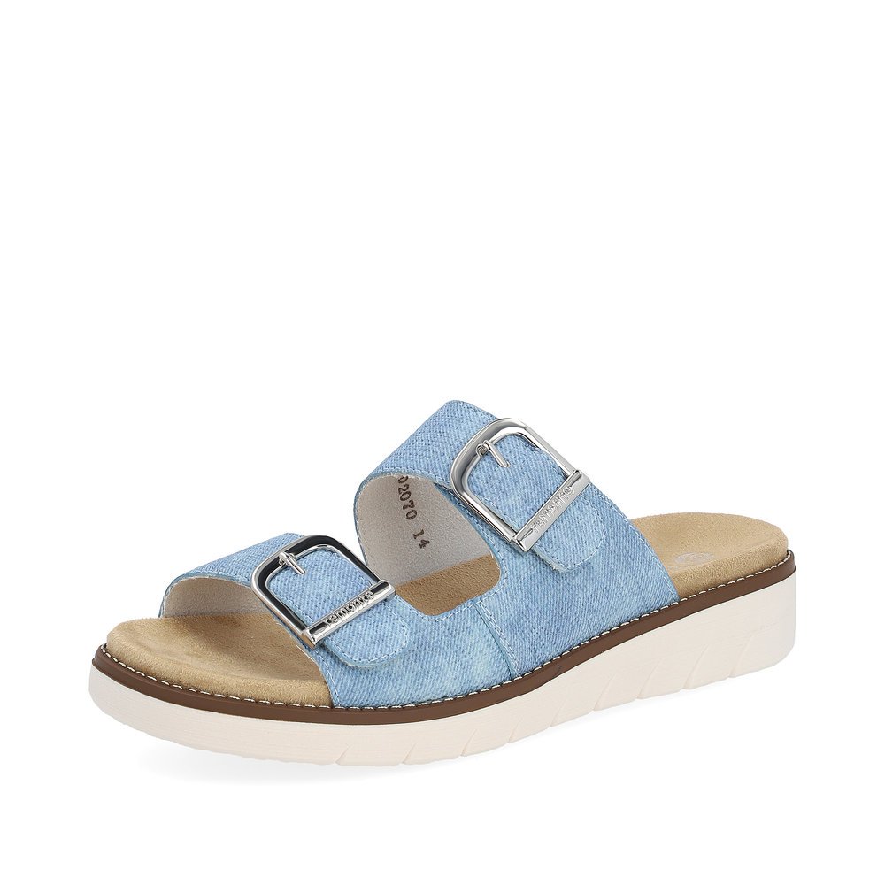 Sea blue remonte women´s mules D2070-14 with a hook and loop fastener. Shoe laterally.
