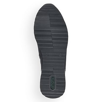 Schwarze Stiefeletten aus Kunstleder mit Reißverschluss, wasserabweisendem Remonte TEX und Wechselfußbett. Schuh Laufsohle. 
