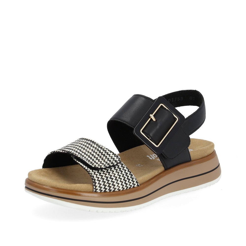 Jet black remonte women´s strap sandals D1J53-03 with hook and loop fastener. Shoe laterally.