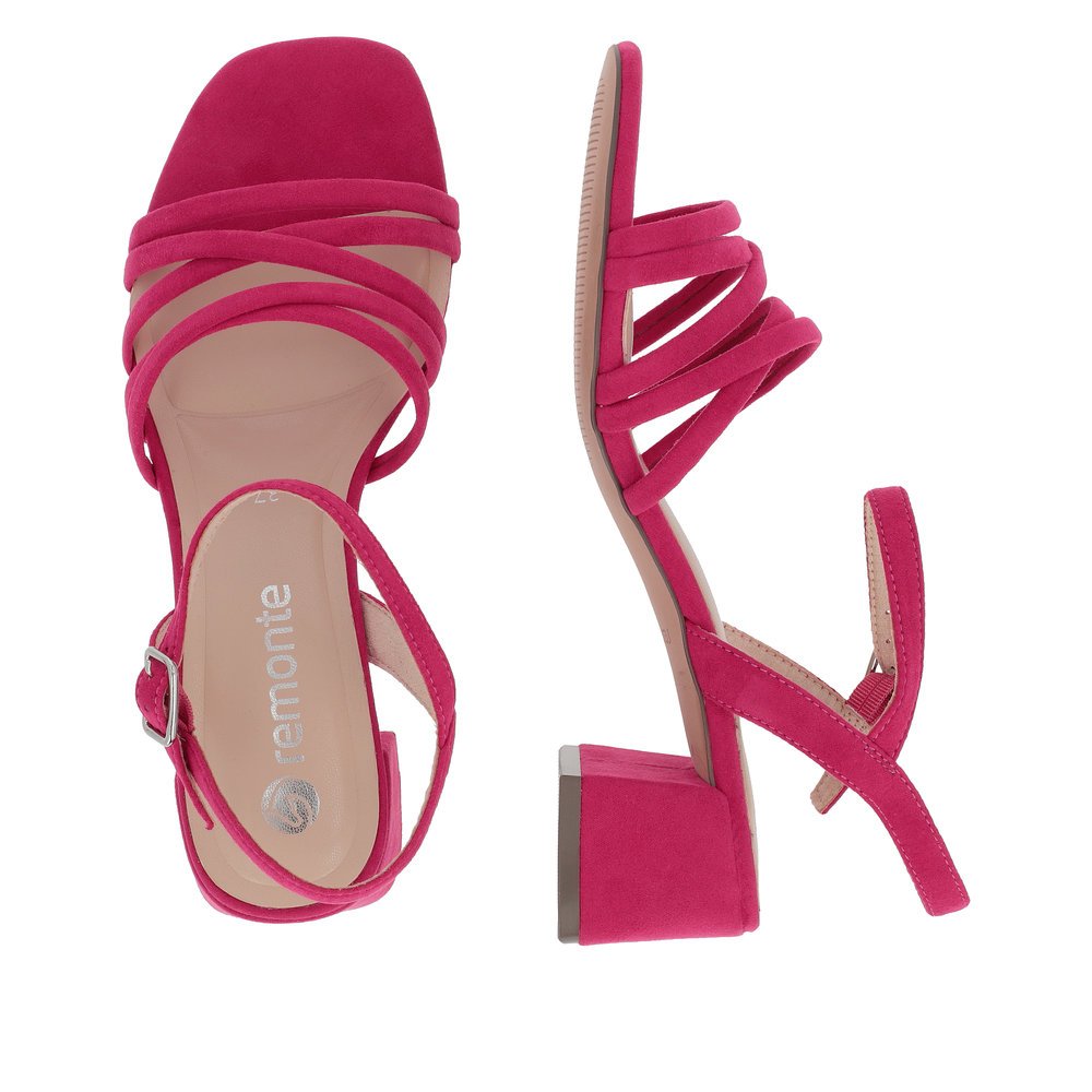Pink vegan remonte women´s strap sandals D1L52-31 with buckle and soft cover sole. Shoe from the top, lying.
