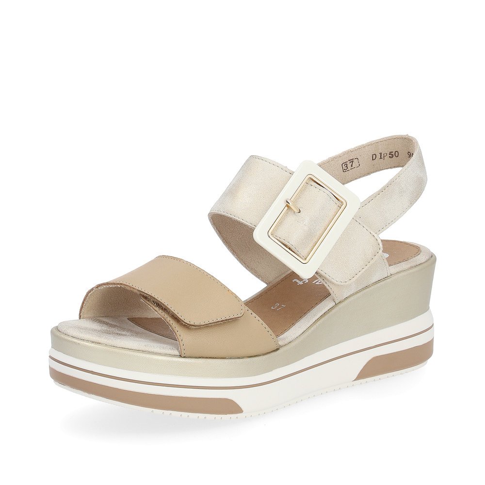 Beige remonte women´s wedge sandals D1P50-90 with hook and loop fastener. Shoe laterally.