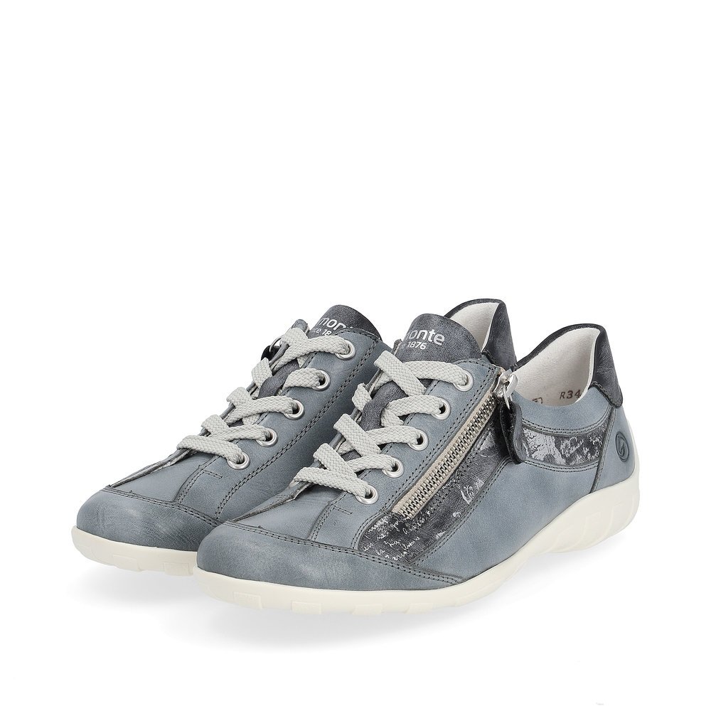 Blue remonte women´s lace-up shoes R3412-14 with zipper and comfort width G. Shoes laterally.