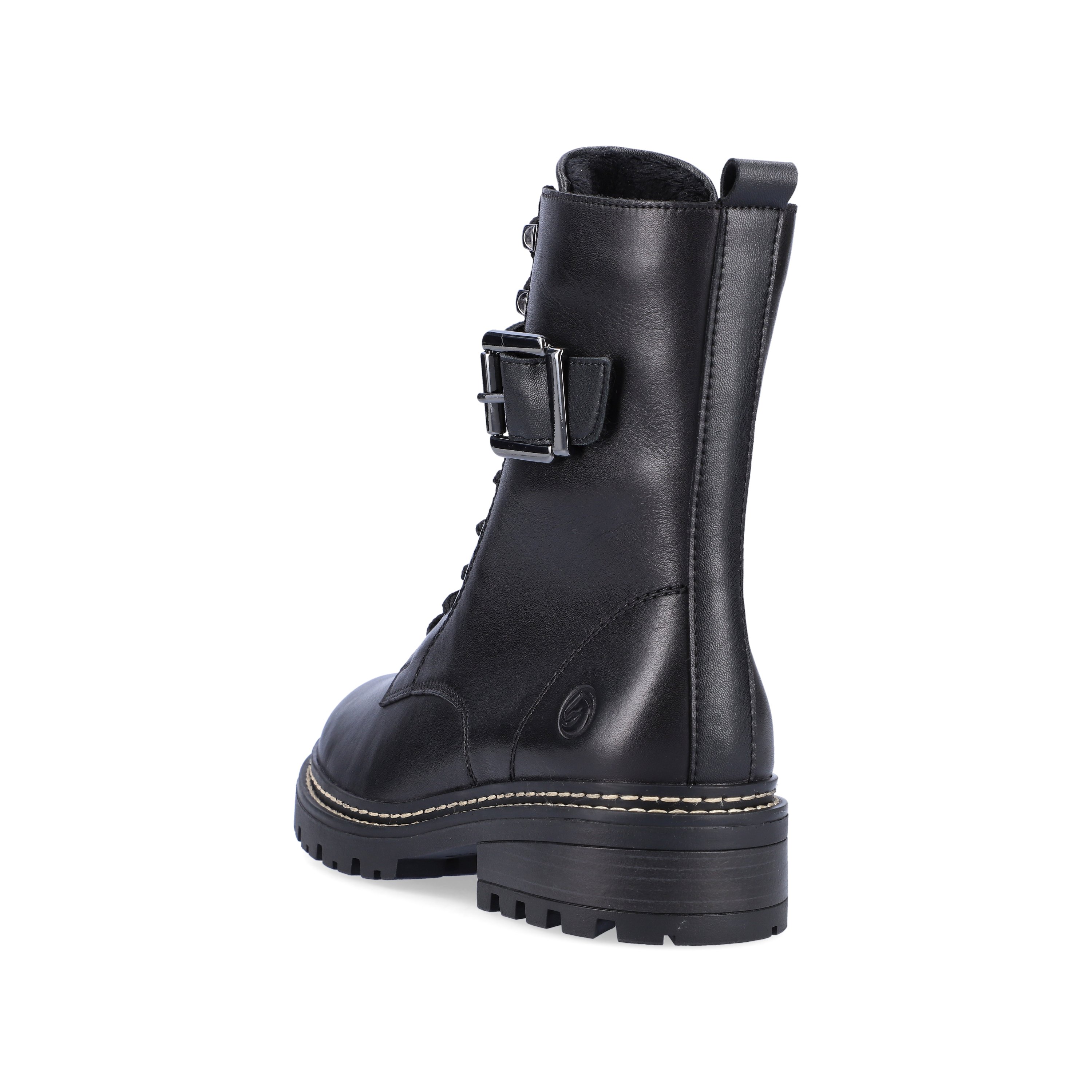 Jet black remonte women´s biker boots D0B73-01 with cushioning profile sole. Shoe from the back