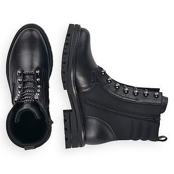 Schwarze Stiefeletten leicht wärmend aus Glattleder und Textil mit Reißverschluss, wasserabweisendem Remonte TEX und Wechselfußbett. Schuhe Innenseite.