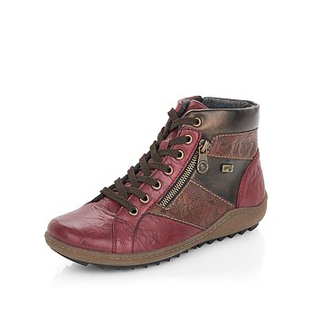 Rote Stiefeletten aus Glattleder mit Reißverschluss und Schnürung, wasserabweisendem Remonte TEX und Wechselfußbett. Schuh seitlich schräg.