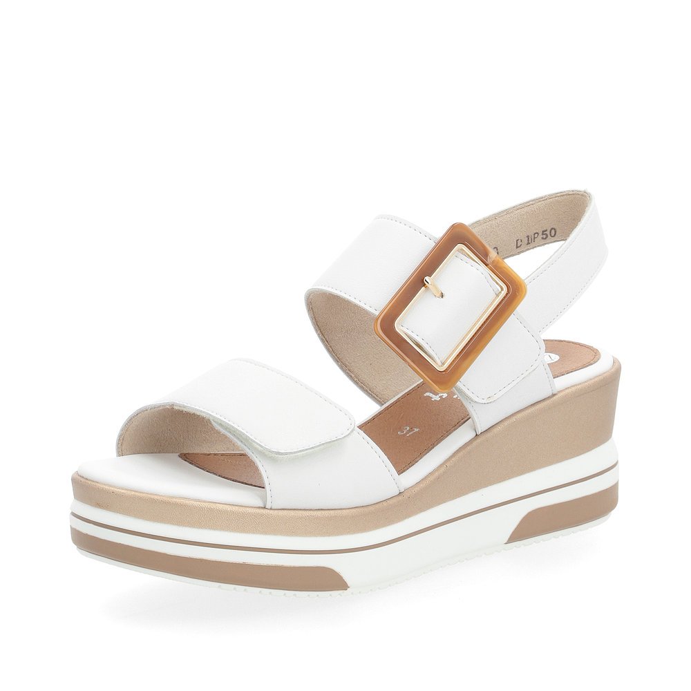Pure white remonte women´s wedge sandals D1P50-80 with a hook and loop fastener. Shoe laterally.