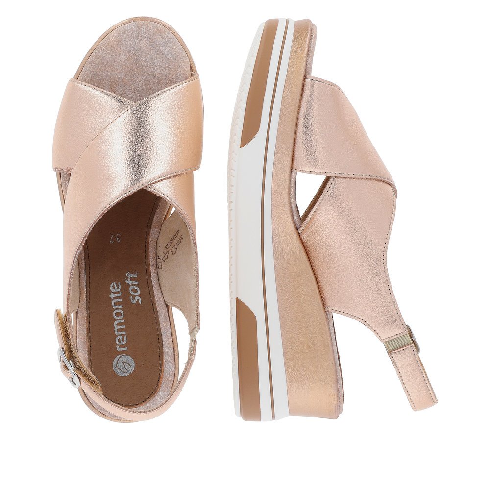 Metallic pink remonte women´s wedge sandals D1P53-31 with hook and loop fastener. Shoe from the top, lying.