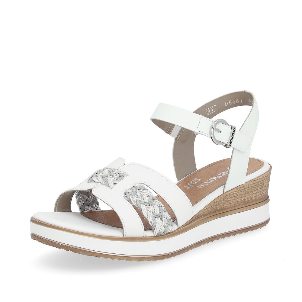 White remonte women´s wedge sandals D6461-80 with hook and loop fastener. Shoe laterally.