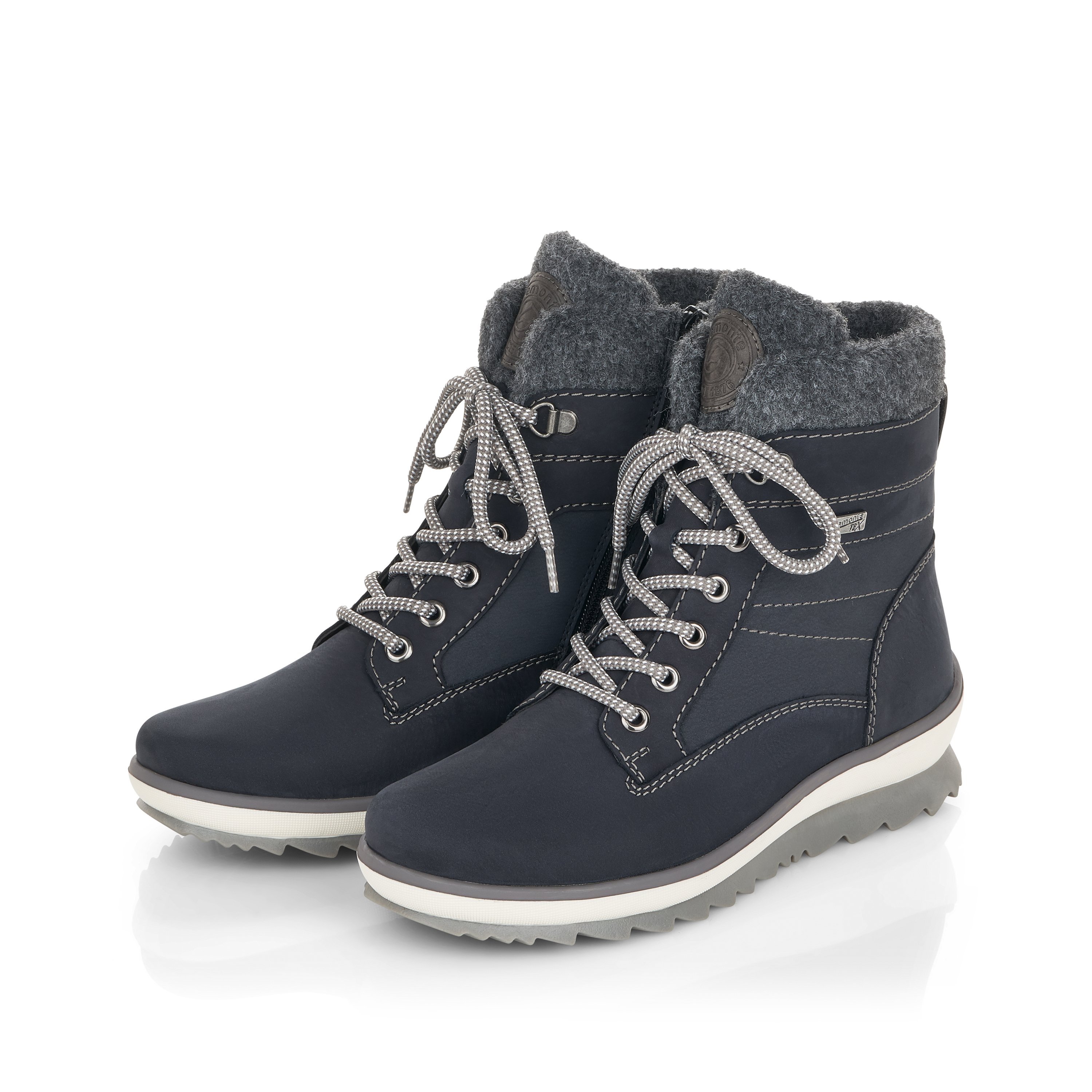 Dark blue remonte women´s lace-up boots R8477-14 with cushioning profile sole. Shoe laterally