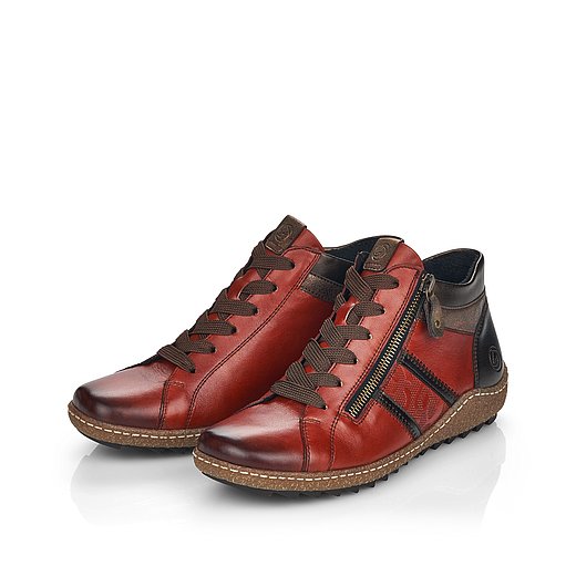 Rote Kurzstiefel leicht wärmend aus Glattleder mit Reißverschluss und Schnürung und Wechselfußbett. Schuhe seitlich schräg. 