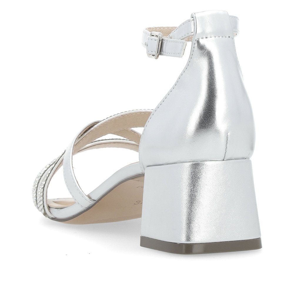 Silver vegan remonte women´s strap sandals D1L51-90 with buckle and soft cover sole. Shoe from the back.