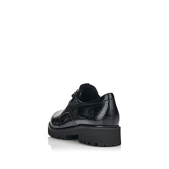 Schwarze Halbschuhe aus Kunstlack mit Schnürung und Wechselfußbett. Schuh von hinten.