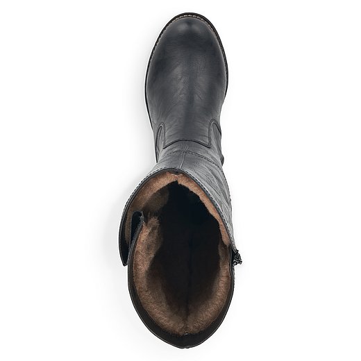 Schwarze Stiefel warm gefüttert aus Kunstleder mit Reißverschluss, Vario-Schaft und Wechselfußbett. Schuh von oben. 