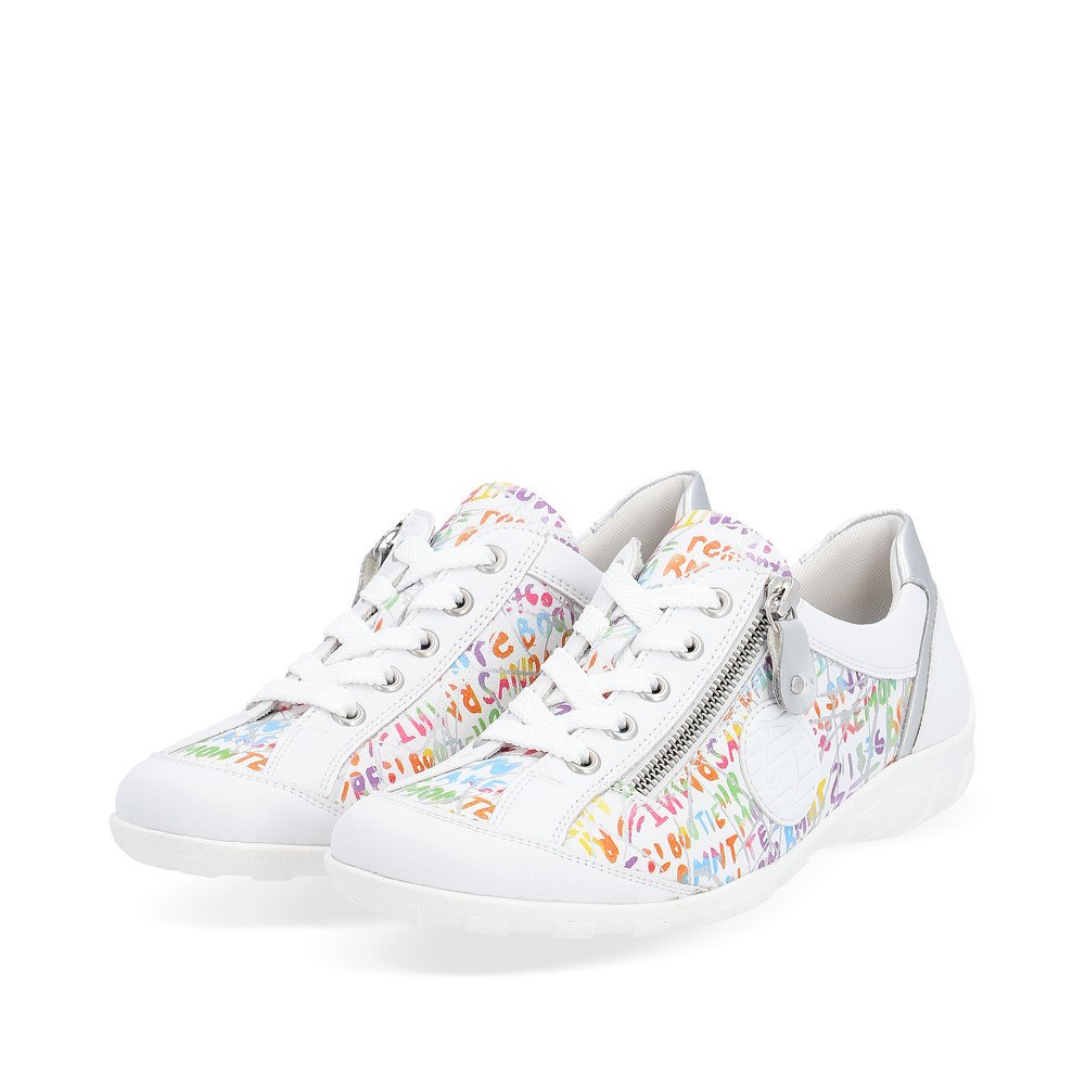 White remonte women´s lace-up shoes R3408-81 with a zipper and multicolored pattern. Shoes laterally.