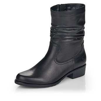 Schwarze Stiefeletten leicht wärmend aus Glattleder mit Reißverschluss und Wechselfußbett. Schuh seitlich schräg.