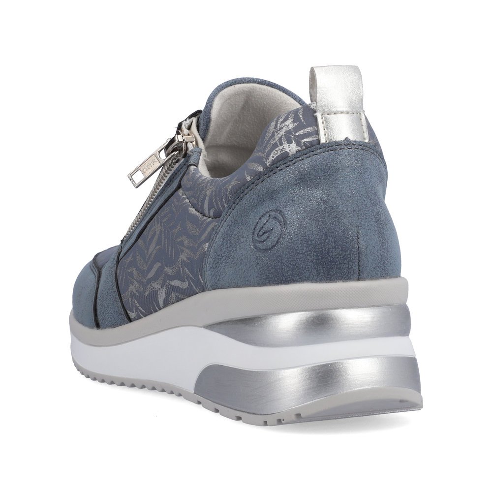 Blue remonte women´s sneakers D2401-10 with a zipper and tropical pattern. Shoe from the back.