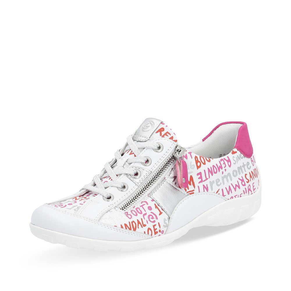 White remonte women´s lace-up shoes R3403-81 with zipper and multicolored pattern. Shoe laterally.