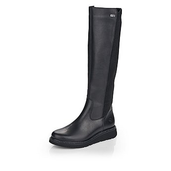 Schwarze Stiefel leicht wärmend aus Glattleder mit Reißverschluss, wasserabweisendem Remonte TEX, Stretch-Einsatz im Wadenbereich und Wechselfußbett. Schuh seitlich schräg.