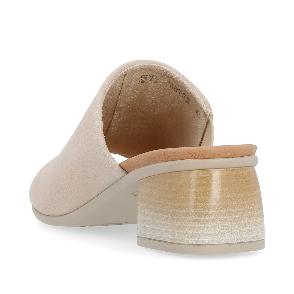 Clay beige remonte women´s mules R8752-60 with cushioning sole with block heel. Shoe from the back.
