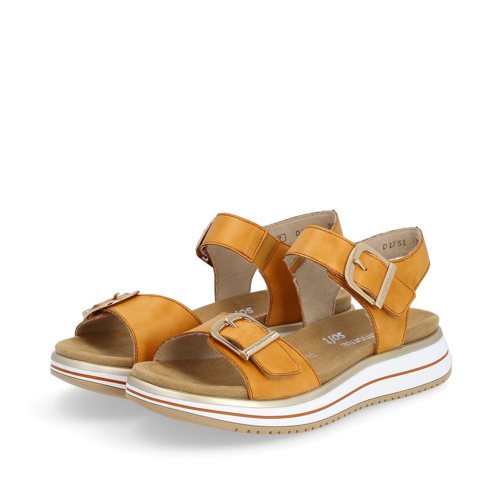 Saffron orange remonte women´s strap sandals D1J51-38 with hook and loop fastener. Shoes laterally.