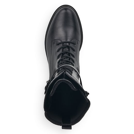 Schwarze Stiefel leicht wärmend aus Glattleder mit Reißverschluss und Schnürung, Stretch-Einsatz im Wadenbereich und Wechselfußbett. Schuh von oben. 
