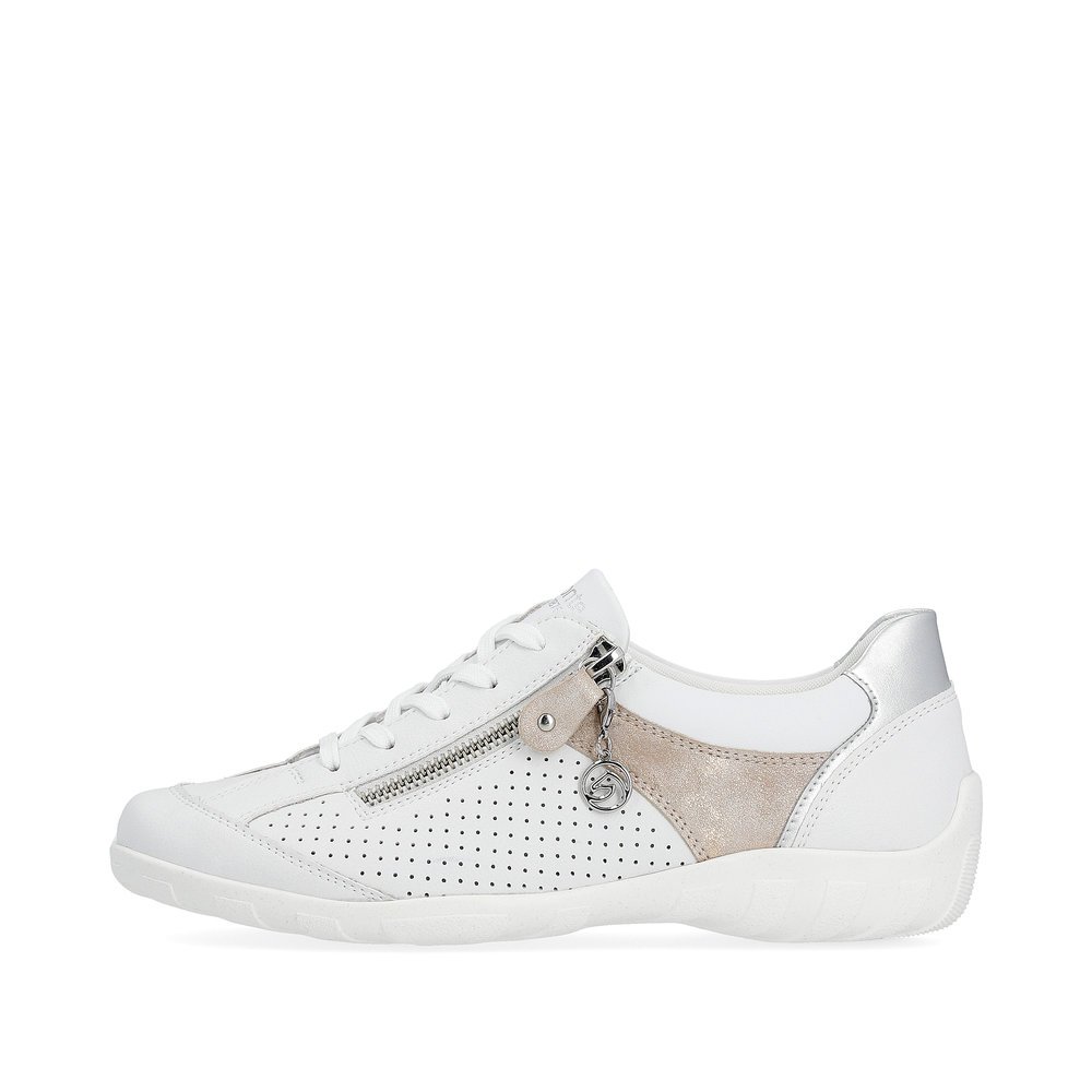 Pure white remonte women´s lace-up shoes R3411-81 with a zipper and comfort width G. Outside of the shoe.