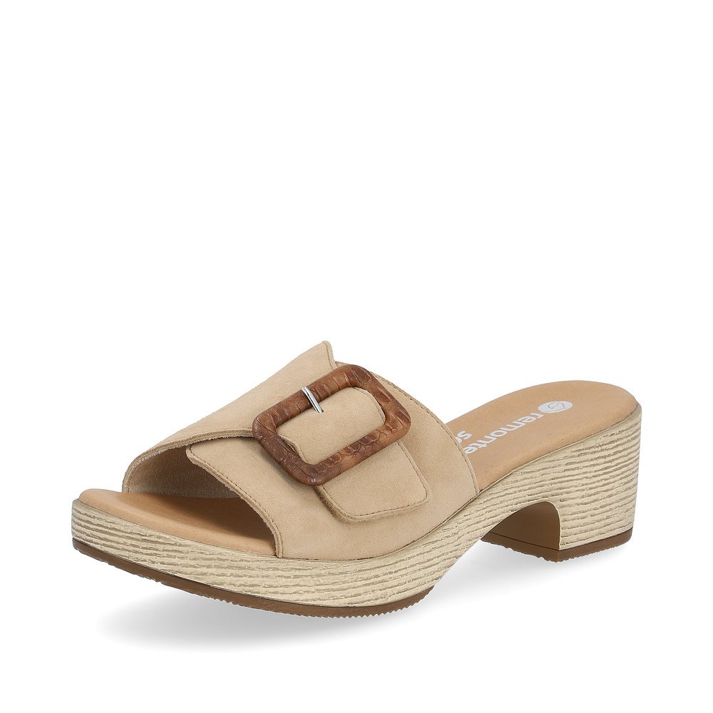Clay beige remonte women´s mules D0N56-60 with a hook and loop fastener. Shoe laterally.