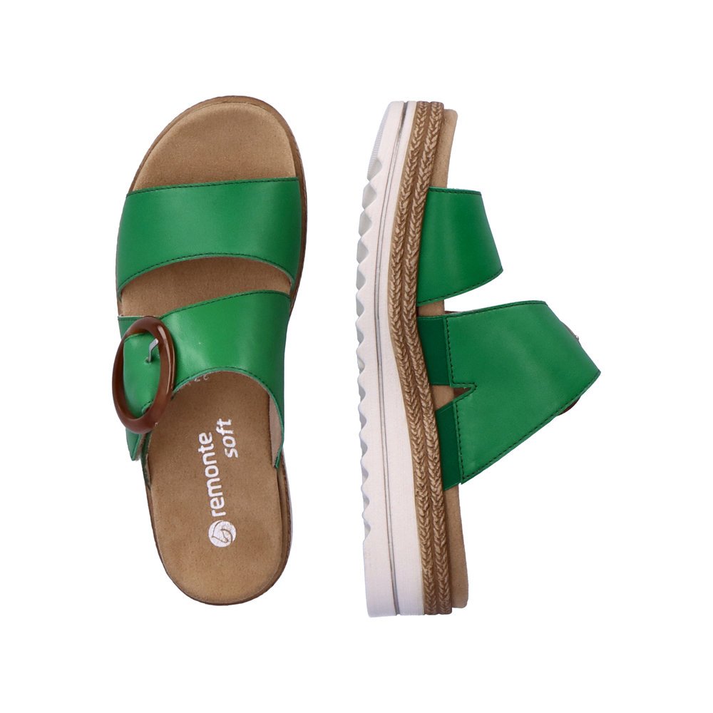 Emerald green remonte women´s mules D0Q51-52 with a hook and loop fastener. Shoe from the top, lying.